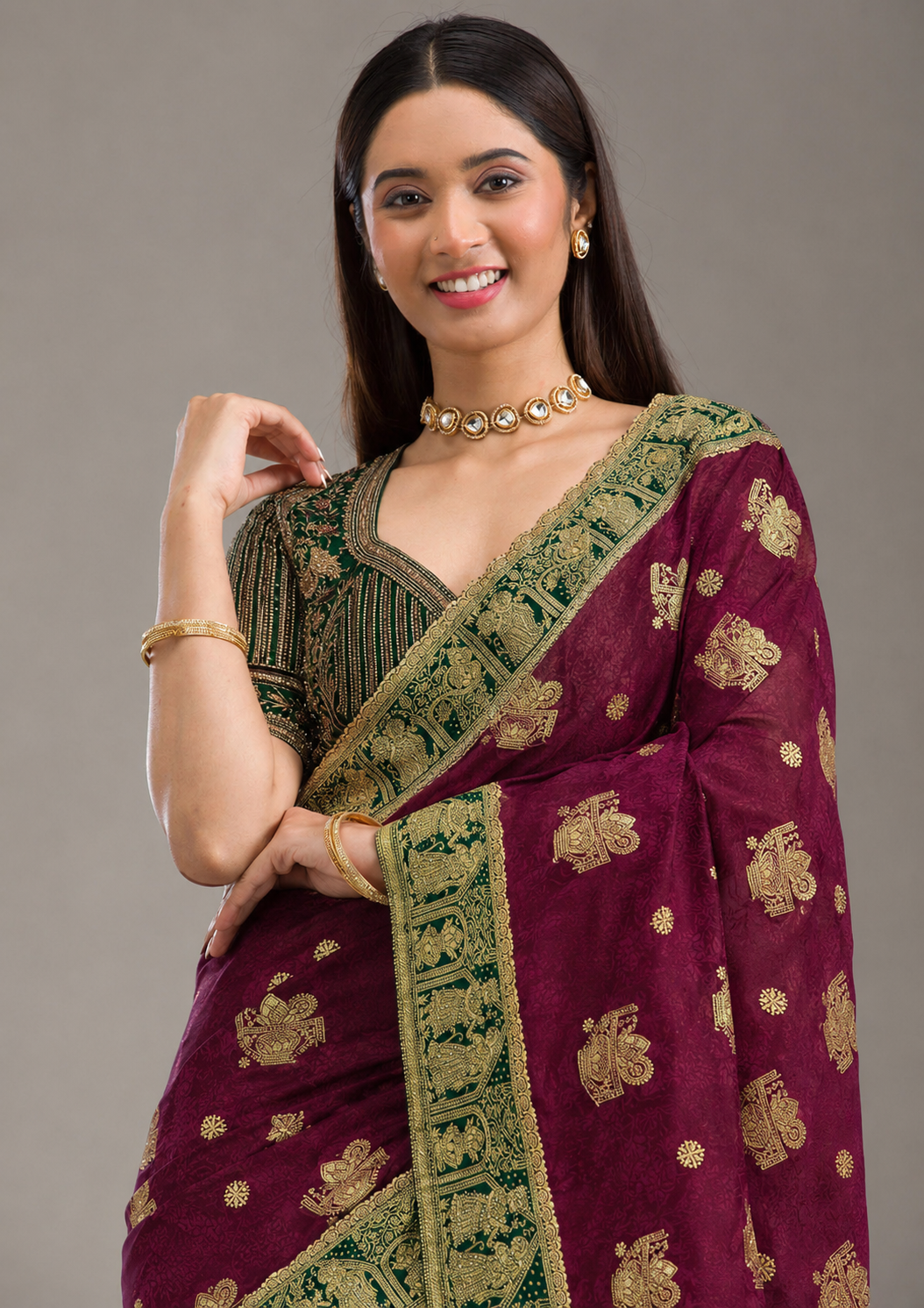 Heritage Zarkhan Viscose Satin Saree With Heavy Embroidered Stitched Blouse & Unstitched Blouse Piece, Wine Purple & Emerald Green