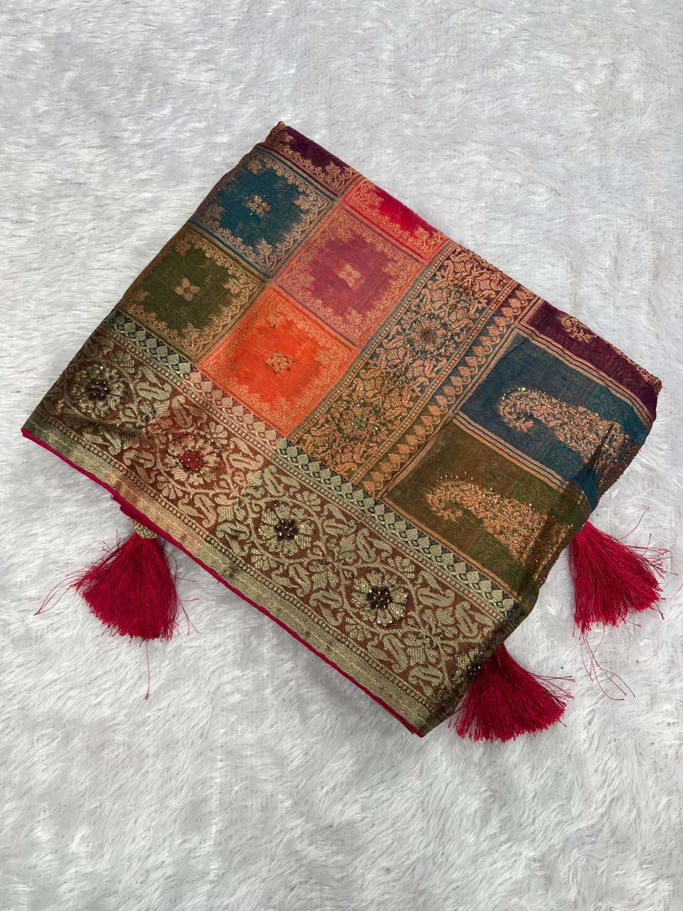 Organza Saree | Swarovski & Moti Work | Wedding — Multicolour Patchwork