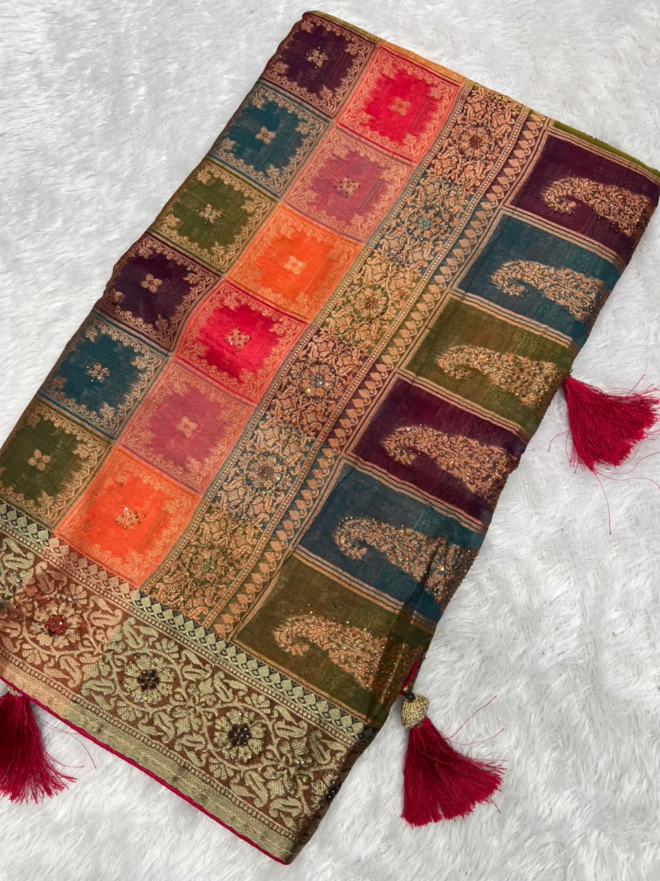 Organza Saree | Swarovski & Moti Work | Wedding — Multicolour Patchwork