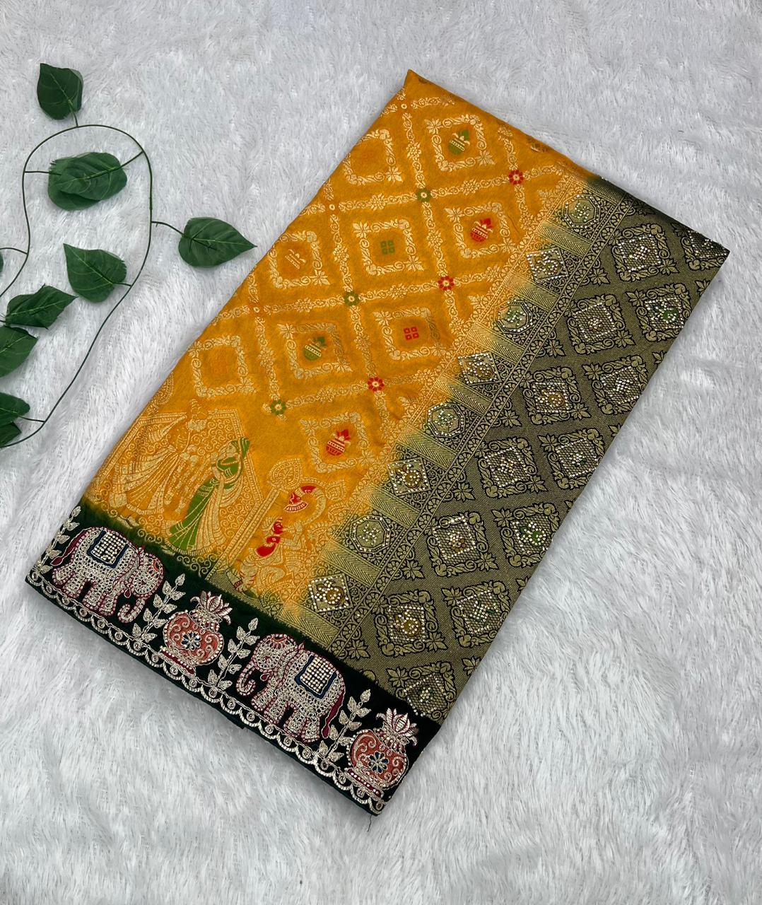 Anula Nexus Premium Dola Silk Saree For Women | Mustard Yellow & Bottle Green Designer Saree With Swarovski & Zarkhan Work | Traditional Elephant Border | Unstitched Blouse Piece