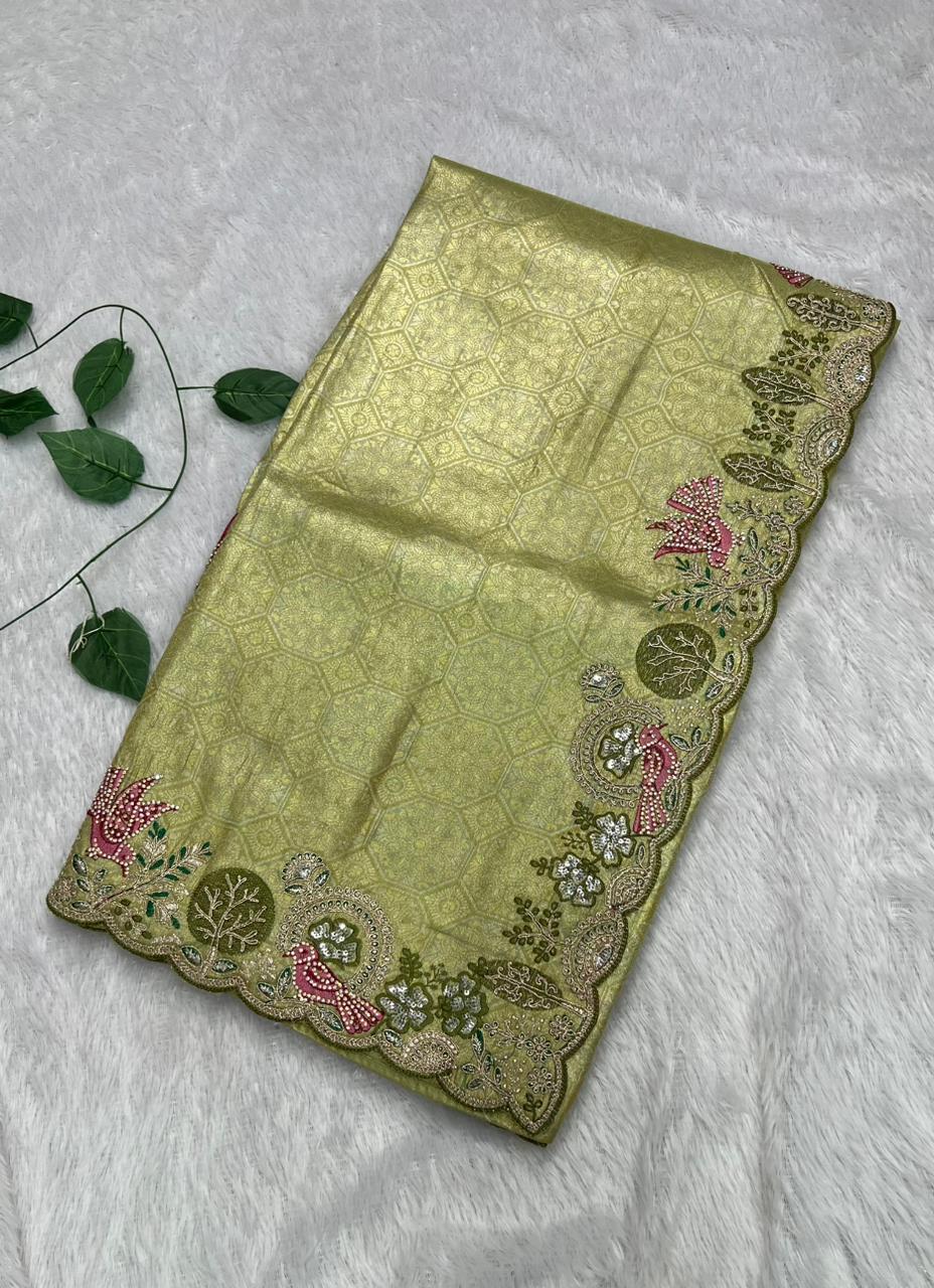 Anula Nexus Premium Viscose Satin Saree for Women | Olive Green & Gold Designer Saree With Swarovski, Zarkhan & Sequins Work | Unstitched Blouse Piece