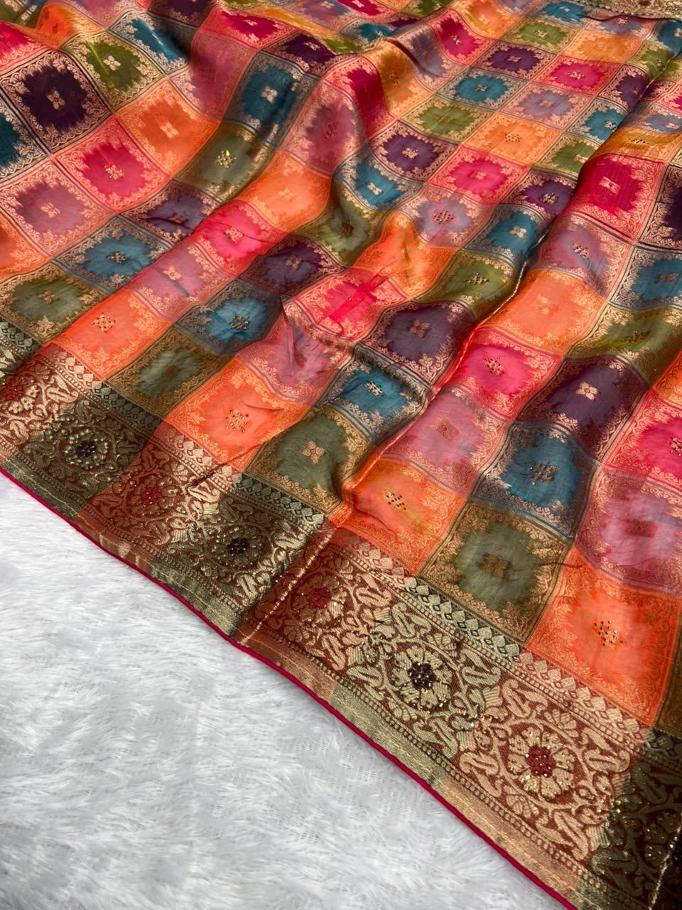 Organza Saree | Swarovski & Moti Work | Wedding — Multicolour Patchwork
