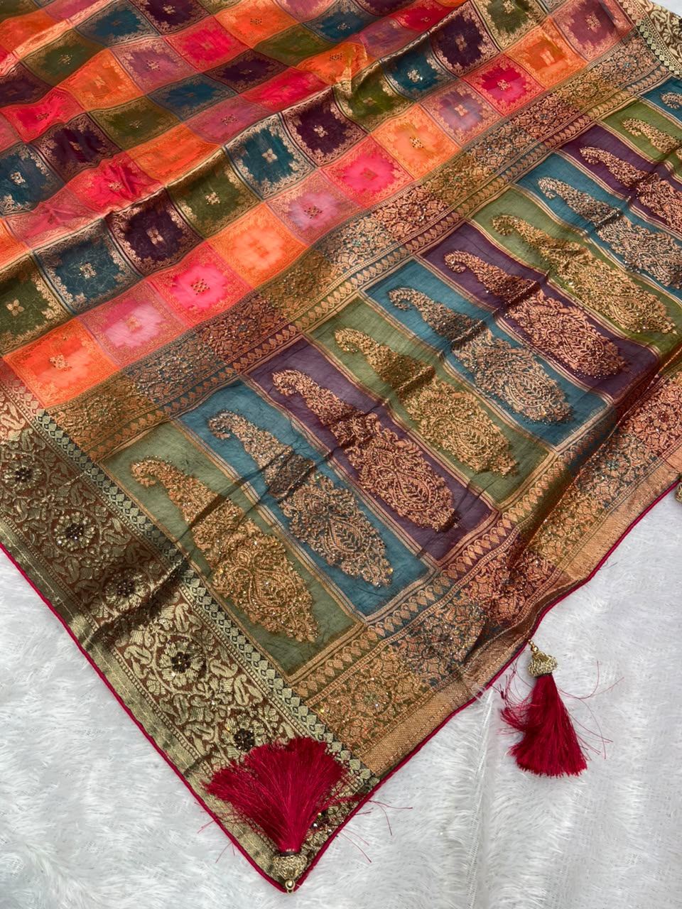 Organza Saree | Swarovski & Moti Work | Wedding — Multicolour Patchwork