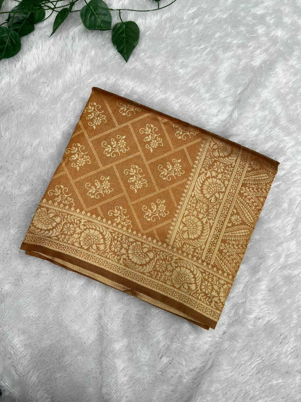 Anula Nexus Copper Brown Cotton Saree With Floral Butta Weaving, Grand Zari Pallu & Matching Unstitched Blouse Piece-1