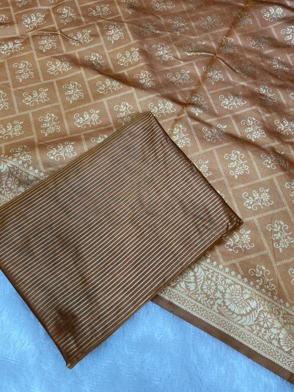 Anula Nexus Copper Brown Cotton Saree With Floral Butta Weaving, Grand Zari Pallu & Matching Unstitched Blouse Piece-2