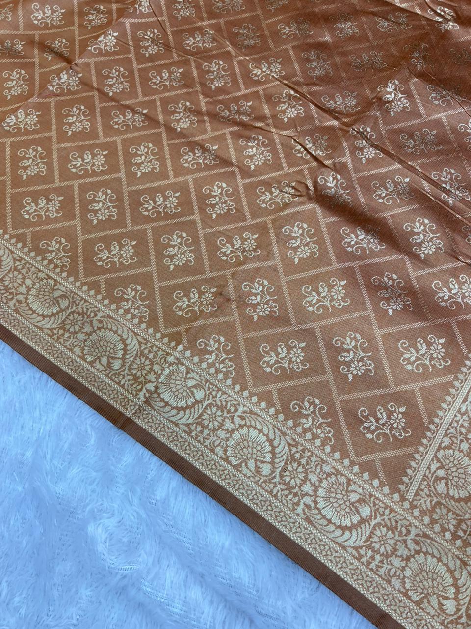 Anula Nexus Copper Brown Cotton Saree With Floral Butta Weaving, Grand Zari Pallu & Matching Unstitched Blouse Piece-5