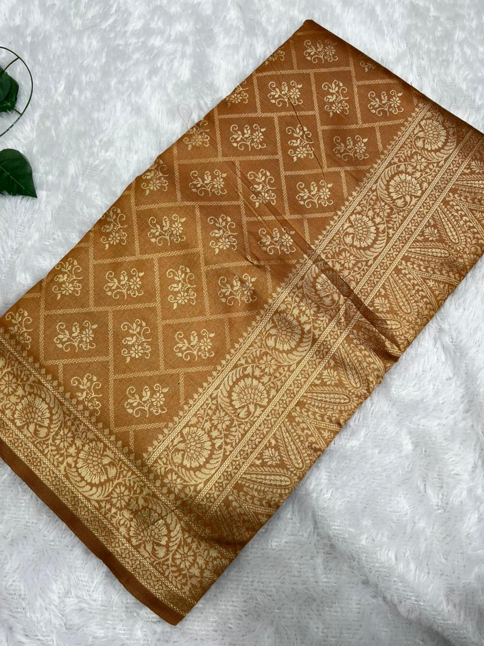 Anula Nexus Copper Brown Cotton Saree With Floral Butta Weaving, Grand Zari Pallu & Matching Unstitched Blouse Piece