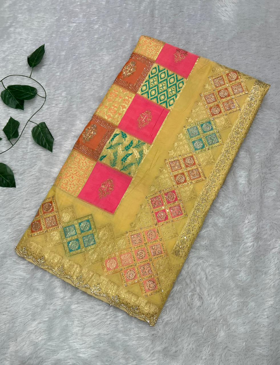 Anula Nexus Cream Gold Malai Satin Saree With Rainbow Multi Box Design, Cut Work Border & Unstitched Blouse Piece-1