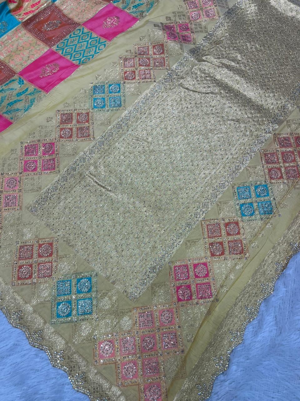 Anula_Nexus_Cream_Gold_Malai_Satin_Saree_With_Rainbow_Multi_Box_Design_Cut_Work_Border_Unstitched_Blouse_Piece-2