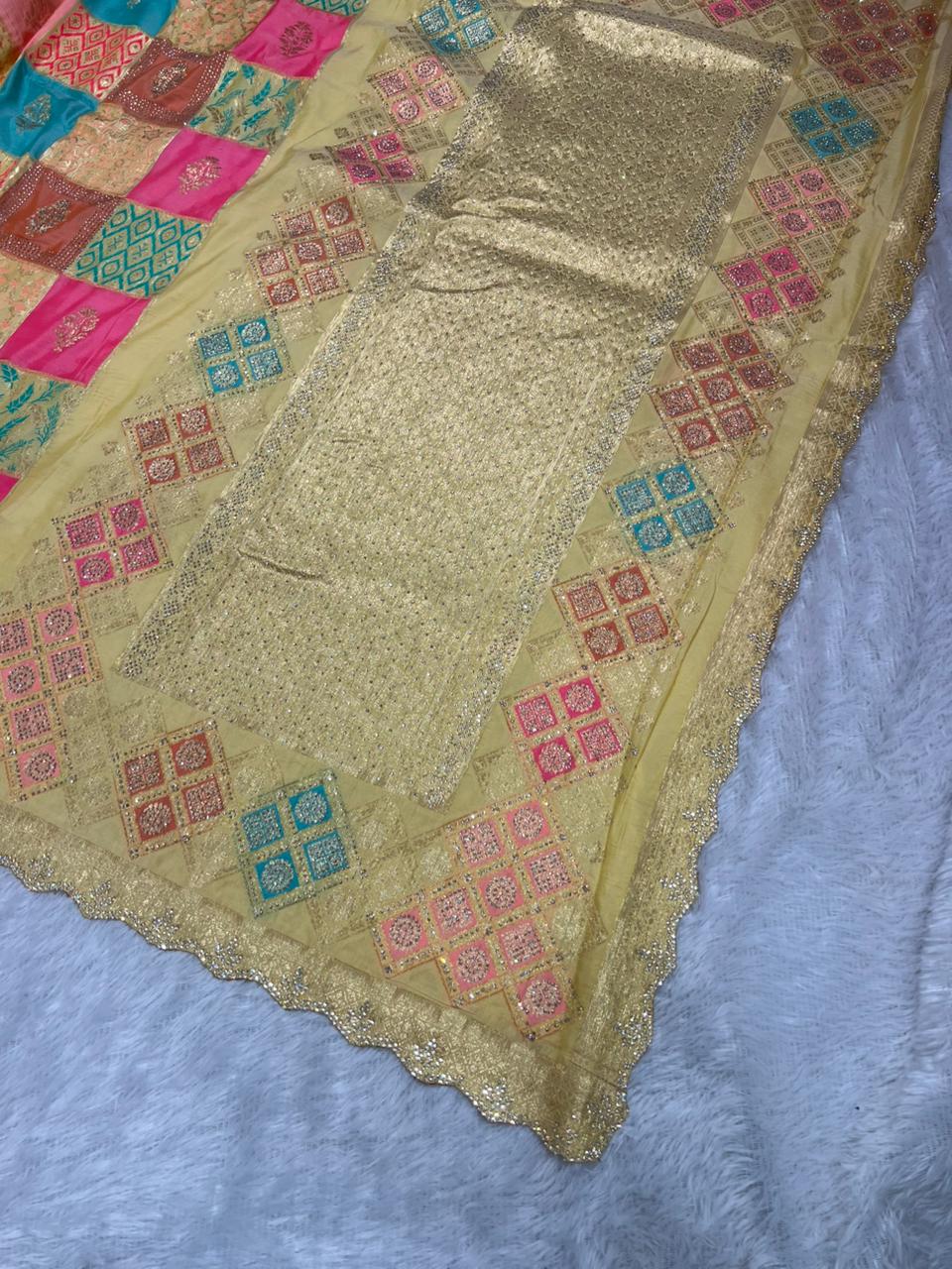Anula_Nexus_Cream_Gold_Malai_Satin_Saree_With_Rainbow_Multi_Box_Design_Cut_Work_Border_Unstitched_Blouse_Piece-3