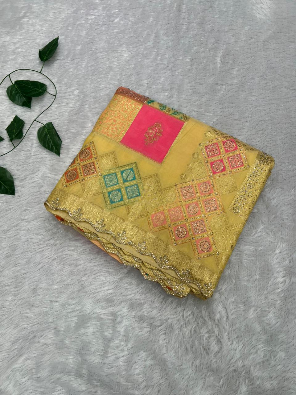 Anula_Nexus_Cream_Gold_Malai_Satin_Saree_With_Rainbow_Multi_Box_Design_Cut_Work_Border_Unstitched_Blouse_Piece-4