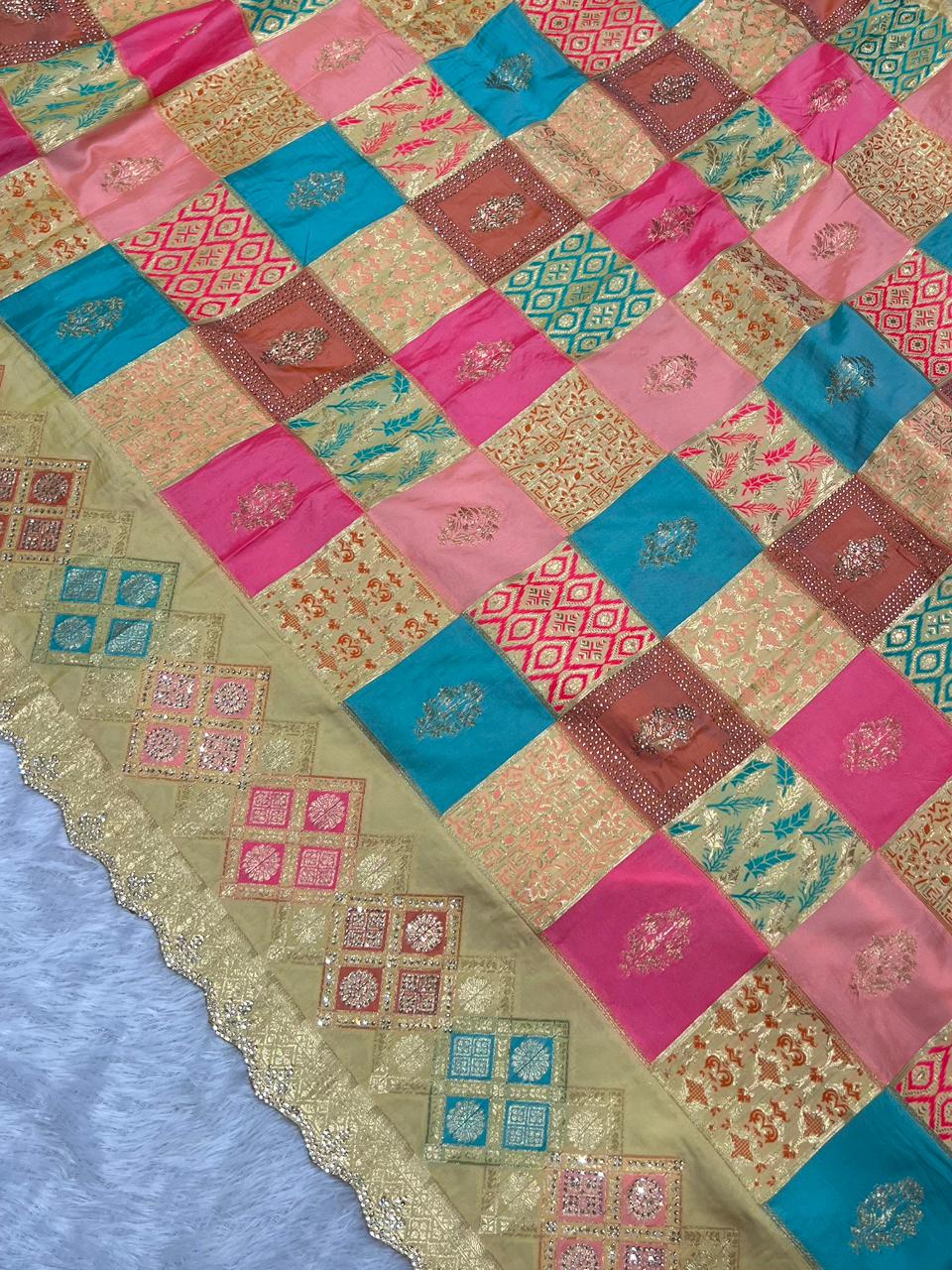 Anula_Nexus_Cream_Gold_Malai_Satin_Saree_With_Rainbow_Multi_Box_Design_Cut_Work_Border_Unstitched_Blouse_Piece-5