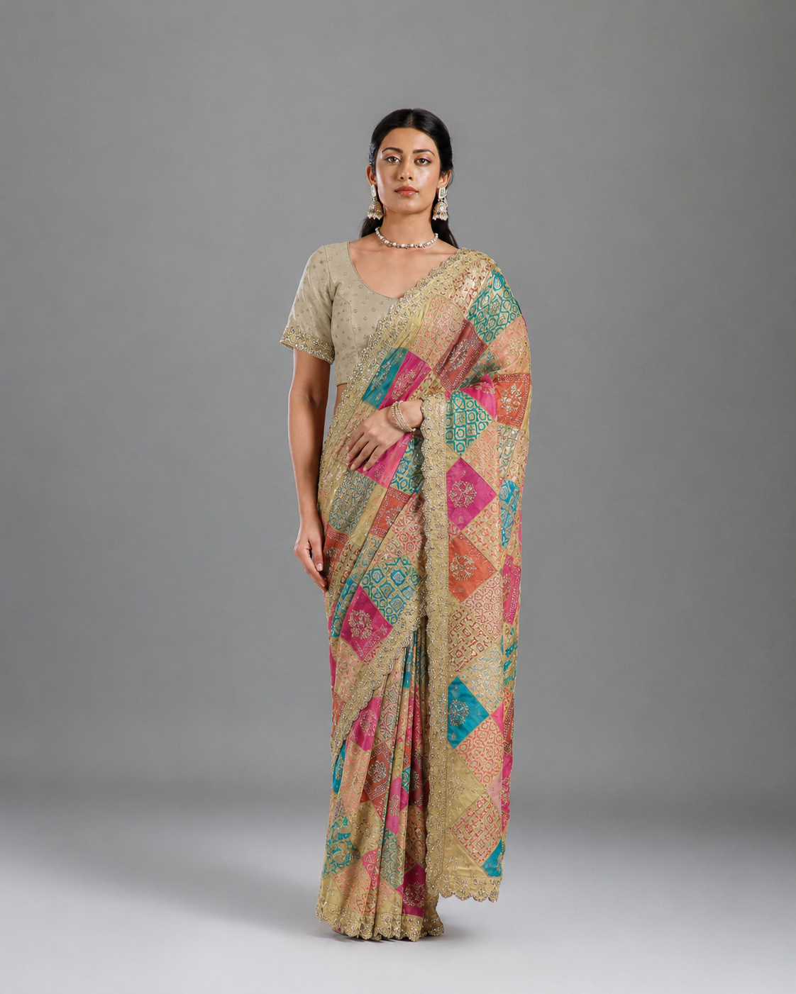 Anula Nexus Cream Gold Malai Satin Saree With Rainbow Multi Box Design, Cut Work Border & Unstitched Blouse Piece
