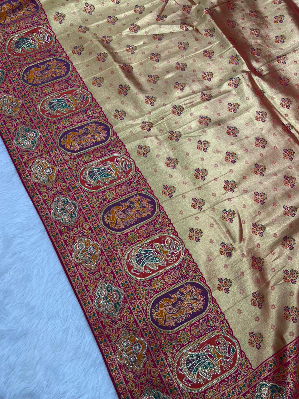 Anula Nexus Deep Pink Position Tissue Saree With Royal Heritage Woven Pallu, Designer Border & Unstitched Blouse Piece-8