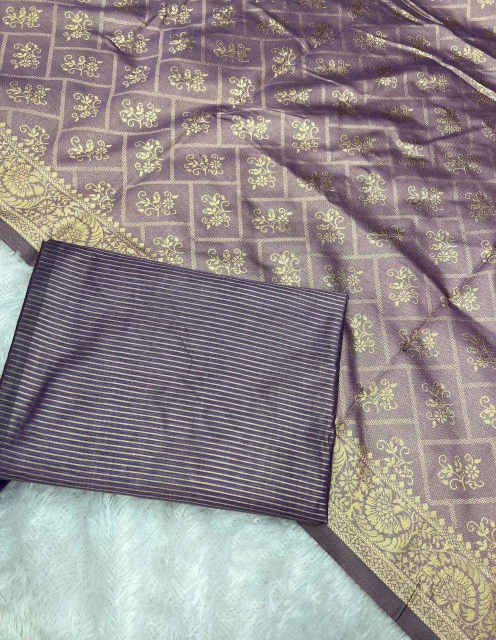 Anula Nexus Dusty Lavender Cotton Saree With Floral Butta Weaving, Rich Zari Pallu & Matching Unstitched Blouse Piece-2