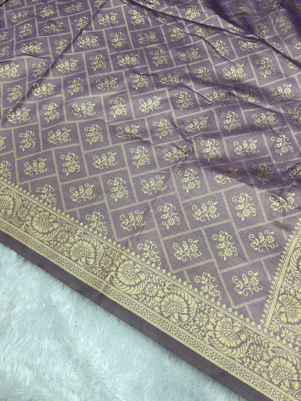 Anula Nexus Dusty Lavender Cotton Saree With Floral Butta Weaving, Rich Zari Pallu & Matching Unstitched Blouse Piece-4