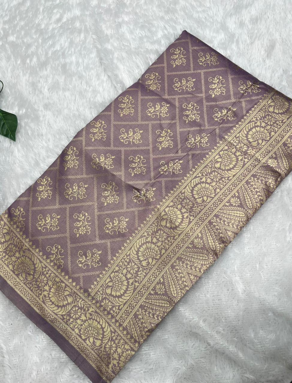 Anula Nexus Dusty Lavender Cotton Saree With Floral Butta Weaving, Rich Zari Pallu & Matching Unstitched Blouse Piece