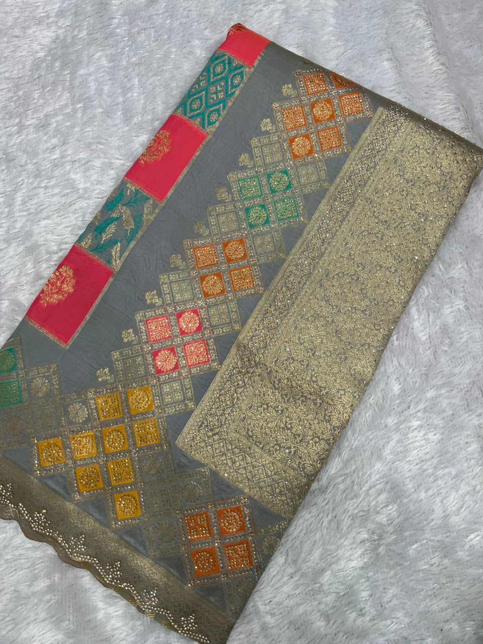 Anula Nexus Grey Malai Satin Saree With Multi Box Rainbow Design, Cut Work Border & Unstitched Blouse-1