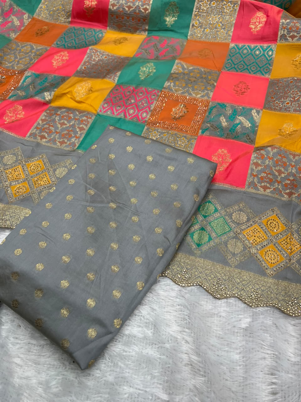 Anula Nexus Grey Malai Satin Saree With Multi Box Rainbow Design, Cut Work Border & Unstitched Blouse-2