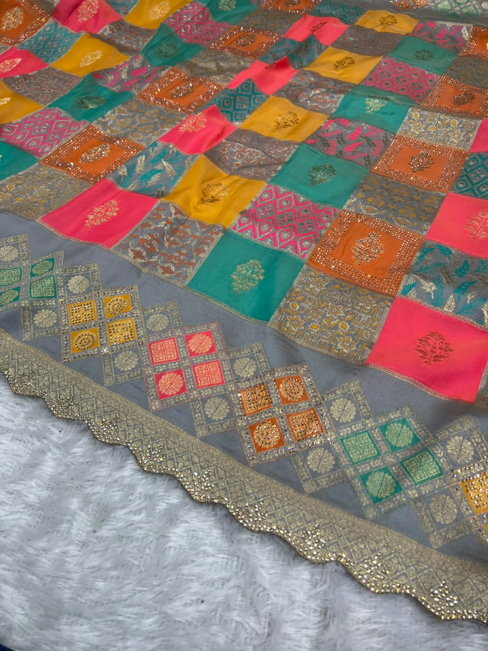 Anula Nexus Grey Malai Satin Saree With Multi Box Rainbow Design, Cut Work Border & Unstitched Blouse-3