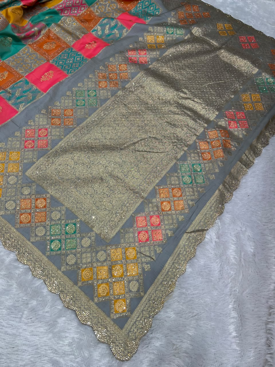 Anula Nexus Grey Malai Satin Saree With Multi Box Rainbow Design, Cut Work Border & Unstitched Blouse-4