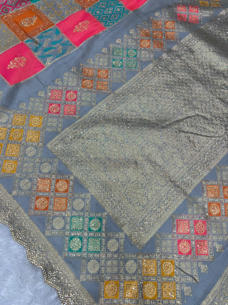 Anula Nexus Grey Malai Satin Saree With Multi Box Rainbow Design, Cut Work Border & Unstitched Blouse-5