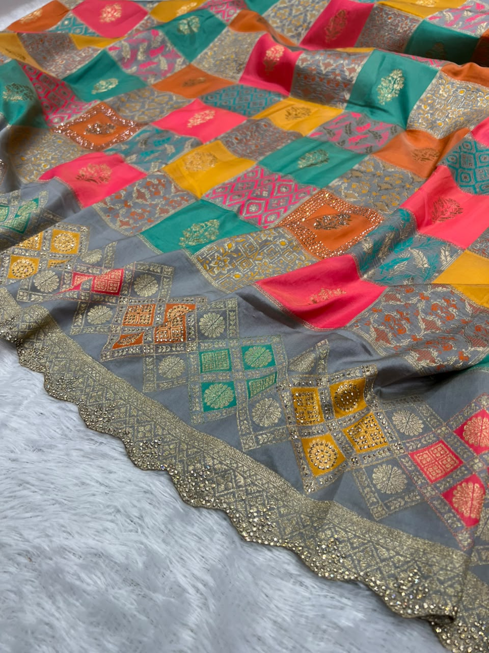 Anula Nexus Grey Malai Satin Saree With Multi Box Rainbow Design, Cut Work Border & Unstitched Blouse-6
