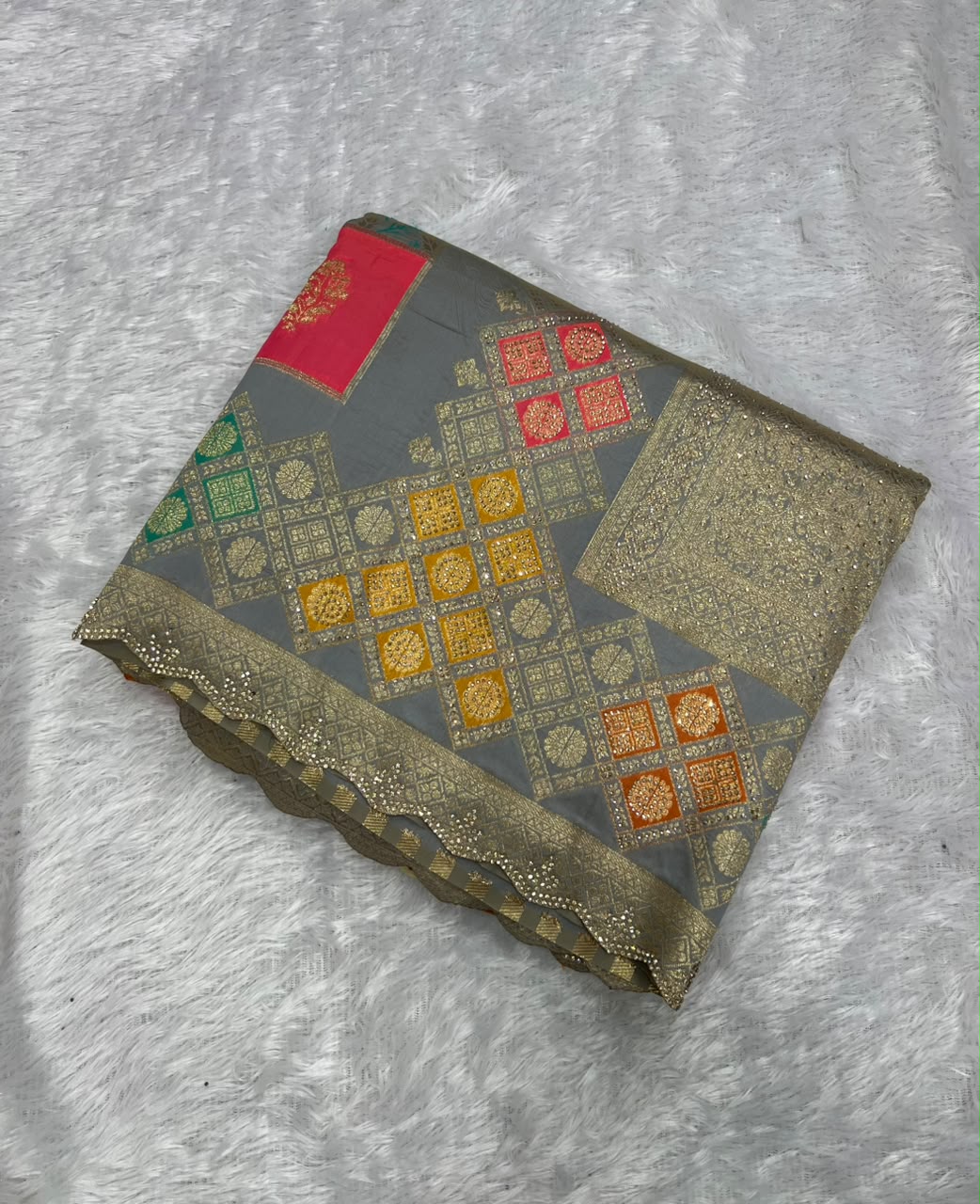 Anula Nexus Grey Malai Satin Saree With Multi Box Rainbow Design, Cut Work Border & Unstitched Blouse