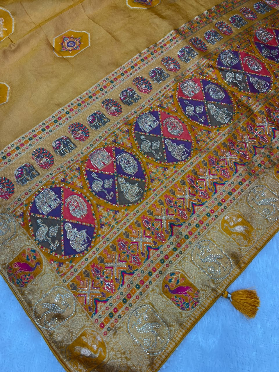 Anula Nexus Heritage Royale Viscose Satin Saree With Heavy Zarkhan Work, Embroidered Stitched Blouse & Unstitched Blouse Piece-10