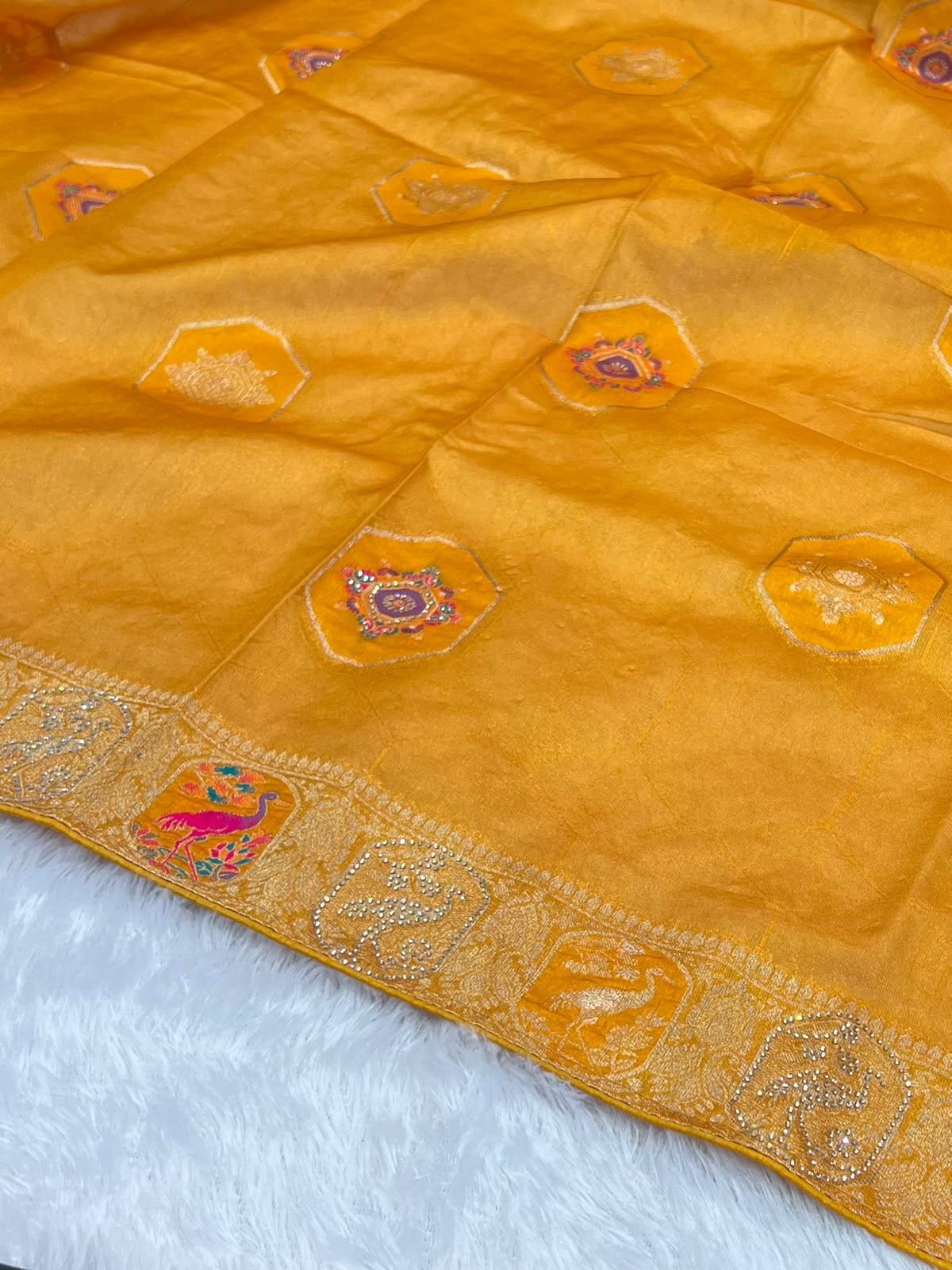 Anula Nexus Heritage Royale Viscose Satin Saree With Heavy Zarkhan Work, Embroidered Stitched Blouse & Unstitched Blouse Piece-11