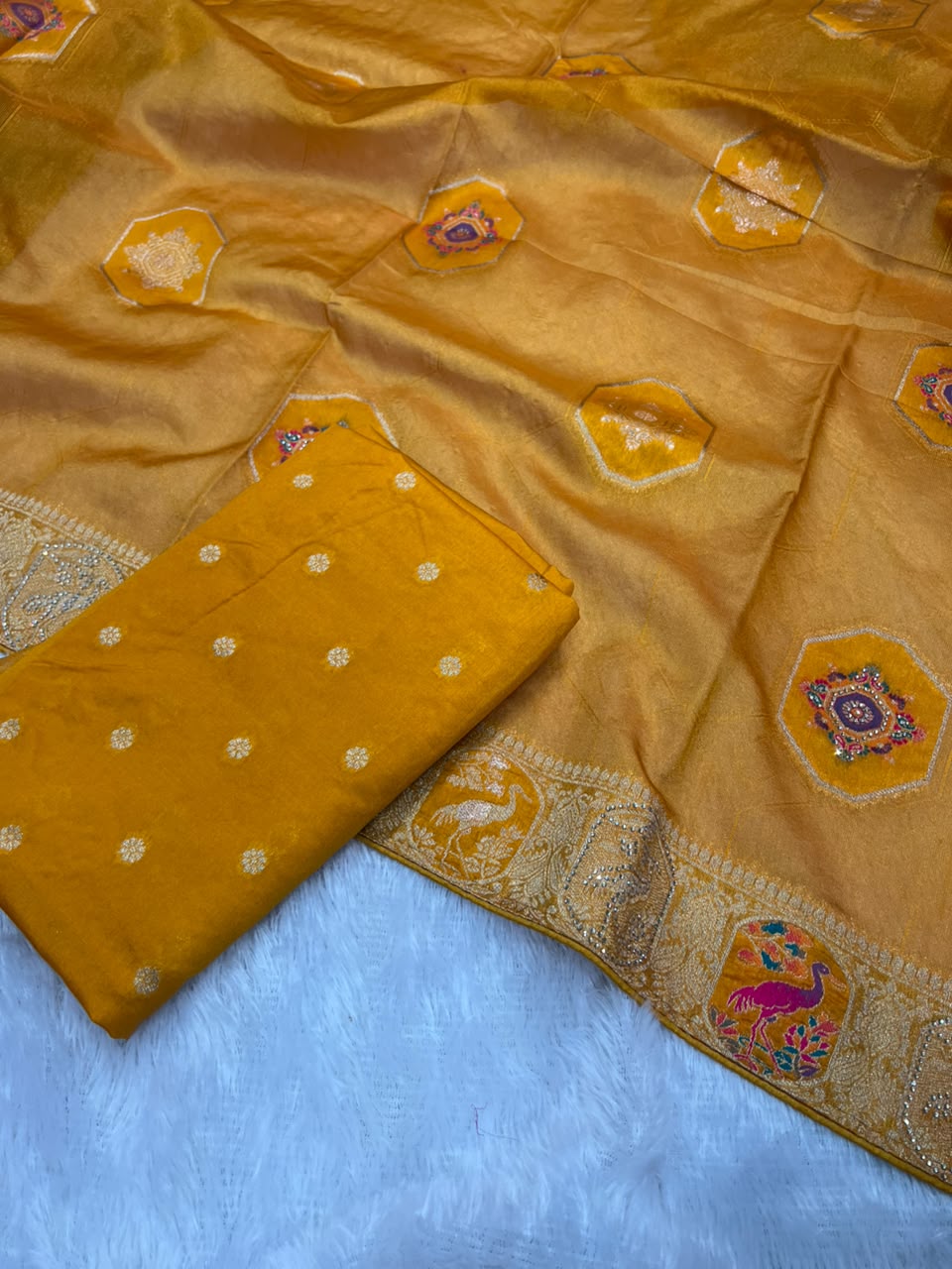 Anula Nexus Heritage Royale Viscose Satin Saree With Heavy Zarkhan Work, Embroidered Stitched Blouse & Unstitched Blouse Piece-2