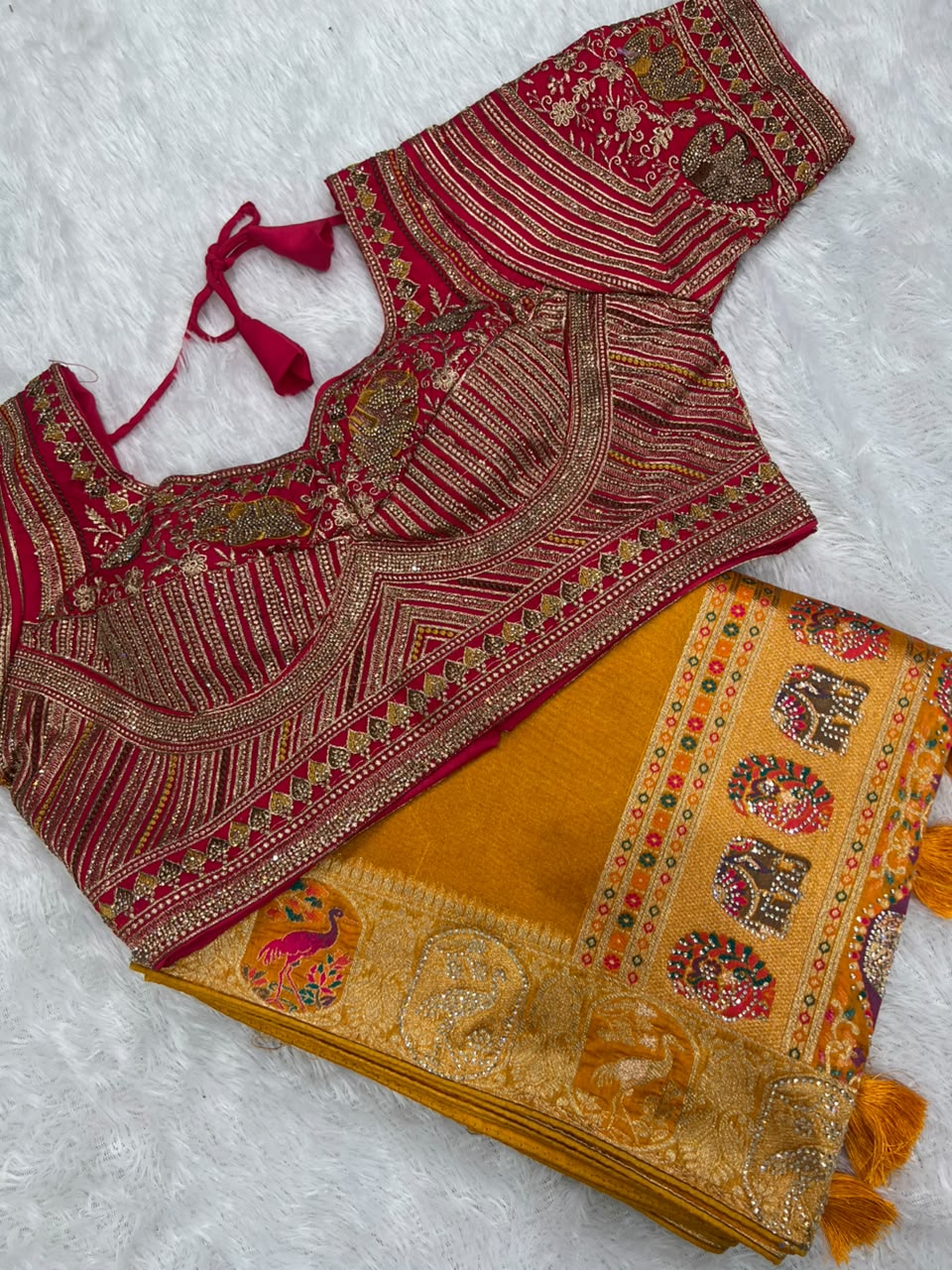 Anula Nexus Heritage Royale Viscose Satin Saree With Heavy Zarkhan Work, Embroidered Stitched Blouse & Unstitched Blouse Piece-4