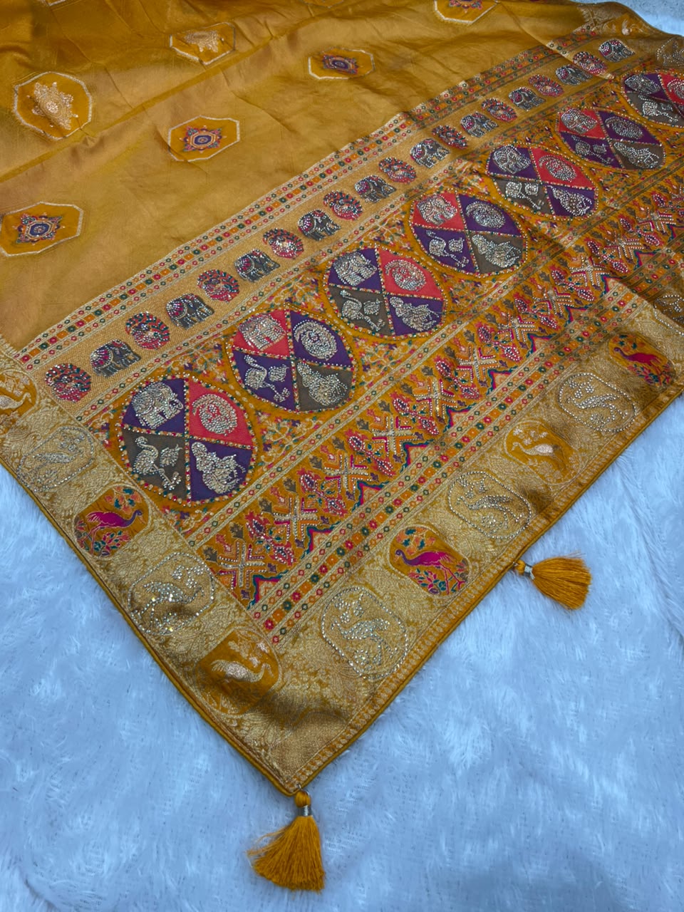 Anula Nexus Heritage Royale Viscose Satin Saree With Heavy Zarkhan Work, Embroidered Stitched Blouse & Unstitched Blouse Piece-5