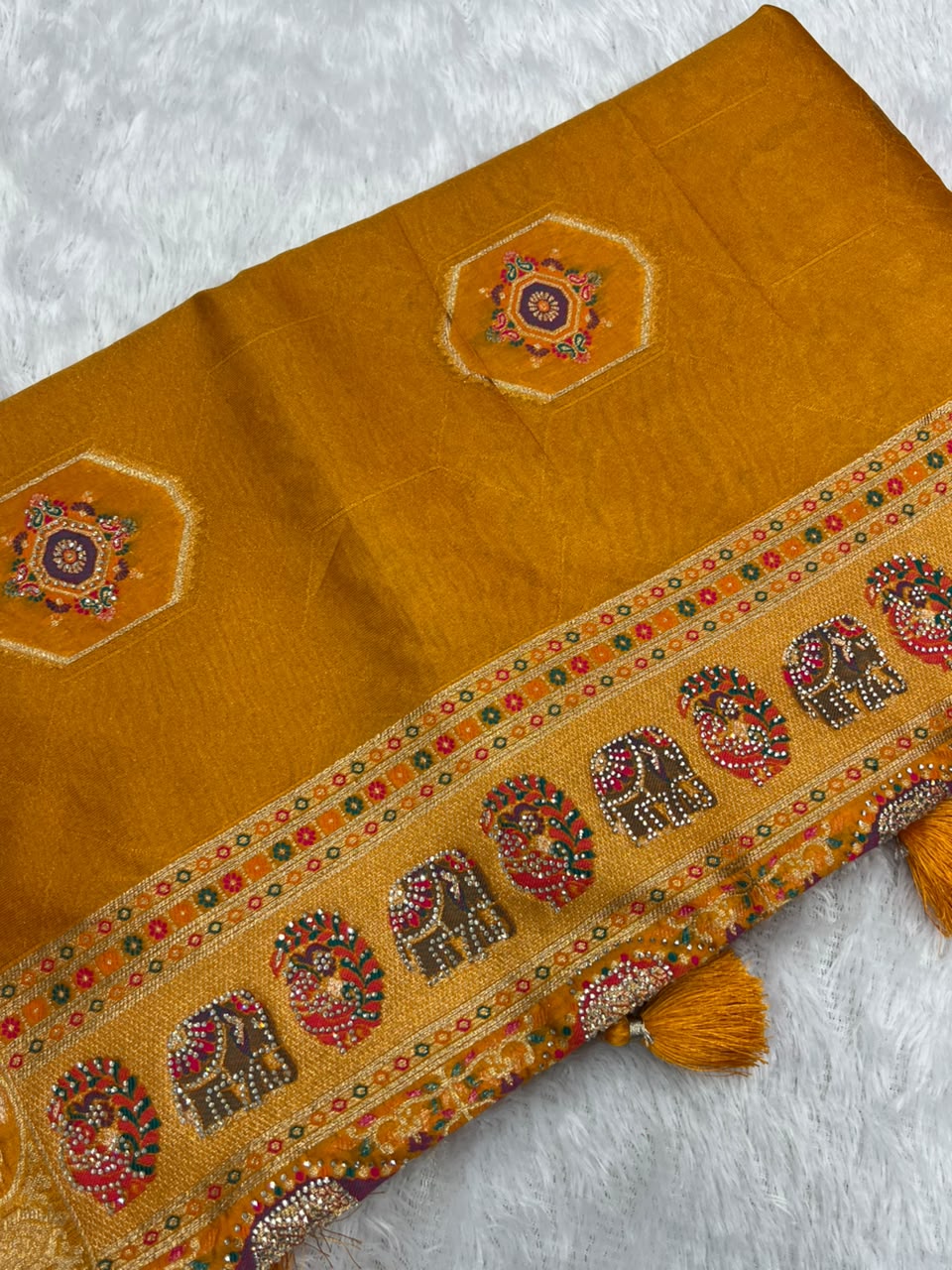 Anula Nexus Heritage Royale Viscose Satin Saree With Heavy Zarkhan Work, Embroidered Stitched Blouse & Unstitched Blouse Piece-7