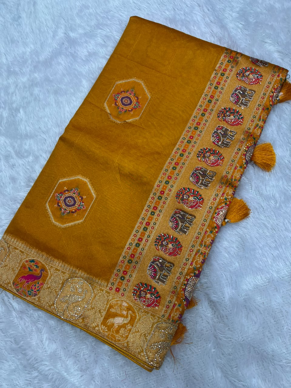 Anula Nexus Heritage Royale Viscose Satin Saree With Heavy Zarkhan Work, Embroidered Stitched Blouse & Unstitched Blouse Piece-9
