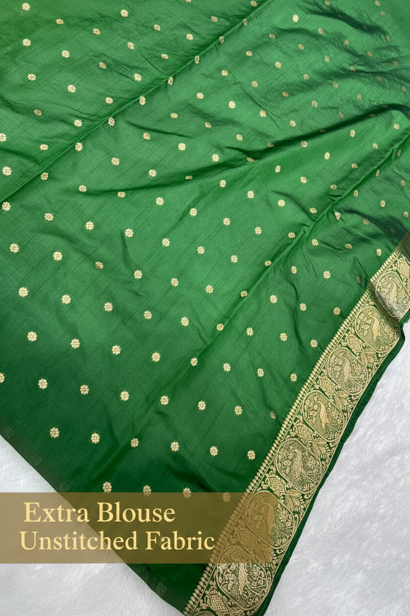 Anula Nexus Heritage Zarkhan Bottle Green Viscose Satin Saree With Heavy Embroidered Stitched Blouse & Unstitched Blouse Piece-2