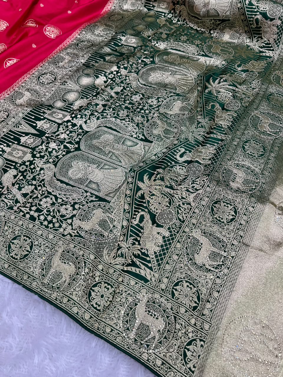 Anula Nexus Heritage Zarkhan Designer Viscose Satin Saree With Embroidered Ready Blouse & Matching Unstitched Blouse Piece-12