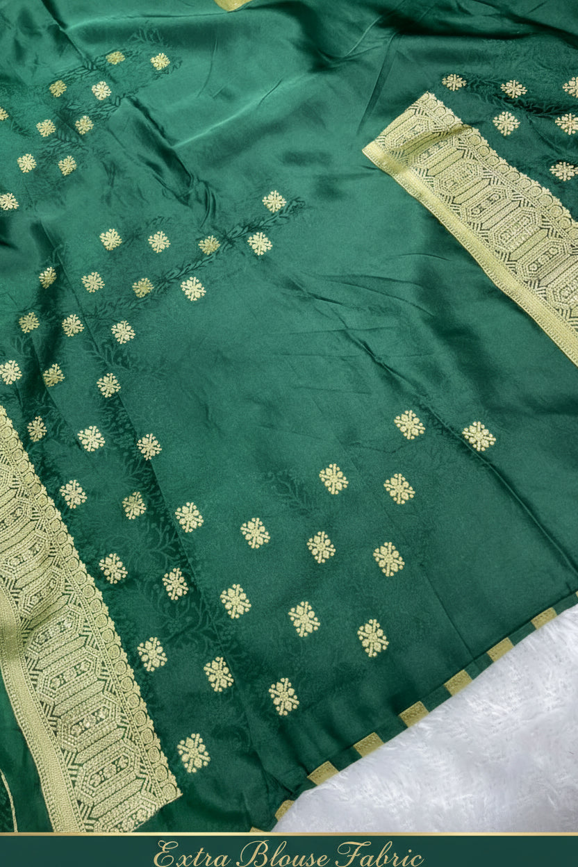Anula Nexus Heritage Zarkhan Viscose Satin Saree With Heavy Embroidered Stitched Blouse & Unstitched Blouse Piece, Wine Purple & Emerald Green-1