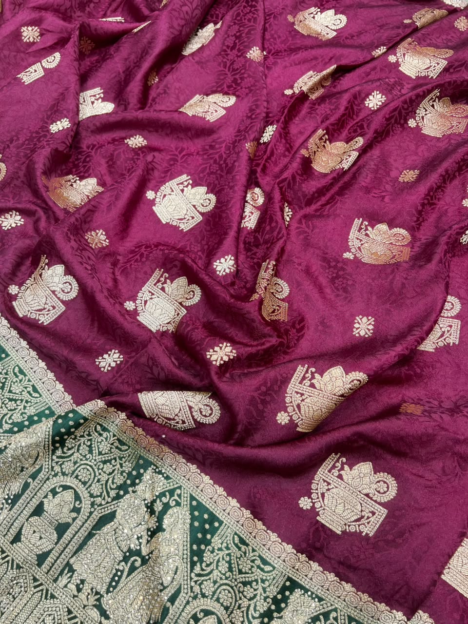 Anula Nexus Heritage Zarkhan Viscose Satin Saree With Heavy Embroidered Stitched Blouse & Unstitched Blouse Piece, Wine Purple & Emerald Green-10