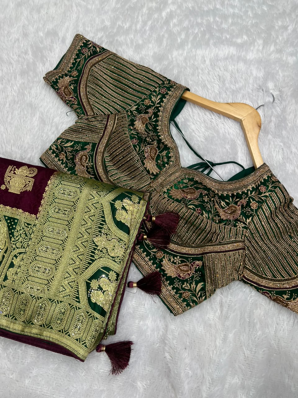 Anula Nexus Heritage Zarkhan Viscose Satin Saree With Heavy Embroidered Stitched Blouse & Unstitched Blouse Piece, Wine Purple & Emerald Green-2