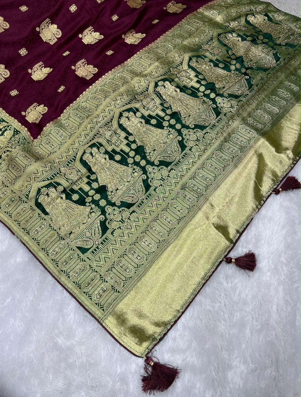 Anula Nexus Heritage Zarkhan Viscose Satin Saree With Heavy Embroidered Stitched Blouse & Unstitched Blouse Piece, Wine Purple & Emerald Green-3