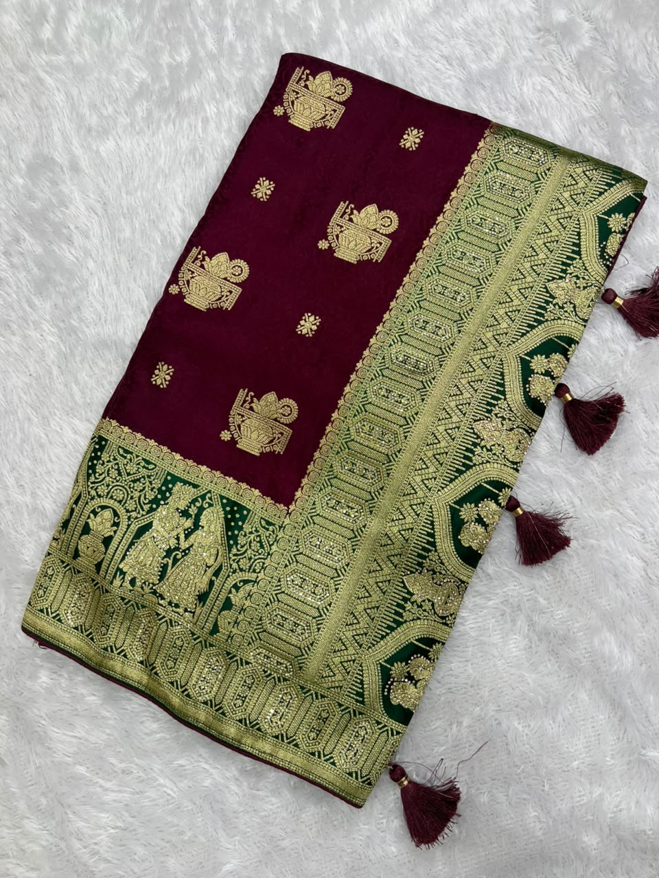 Anula Nexus Heritage Zarkhan Viscose Satin Saree With Heavy Embroidered Stitched Blouse & Unstitched Blouse Piece, Wine Purple & Emerald Green-4