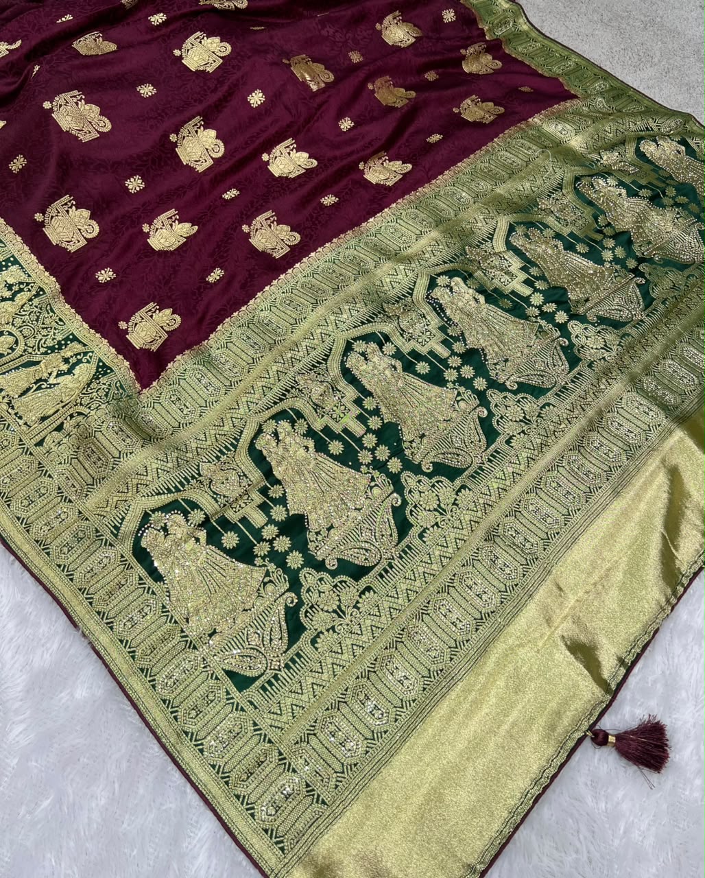 Anula Nexus Heritage Zarkhan Viscose Satin Saree With Heavy Embroidered Stitched Blouse & Unstitched Blouse Piece, Wine Purple & Emerald Green-5