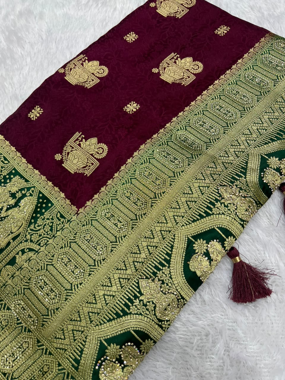Anula Nexus Heritage Zarkhan Viscose Satin Saree With Heavy Embroidered Stitched Blouse & Unstitched Blouse Piece, Wine Purple & Emerald Green-7