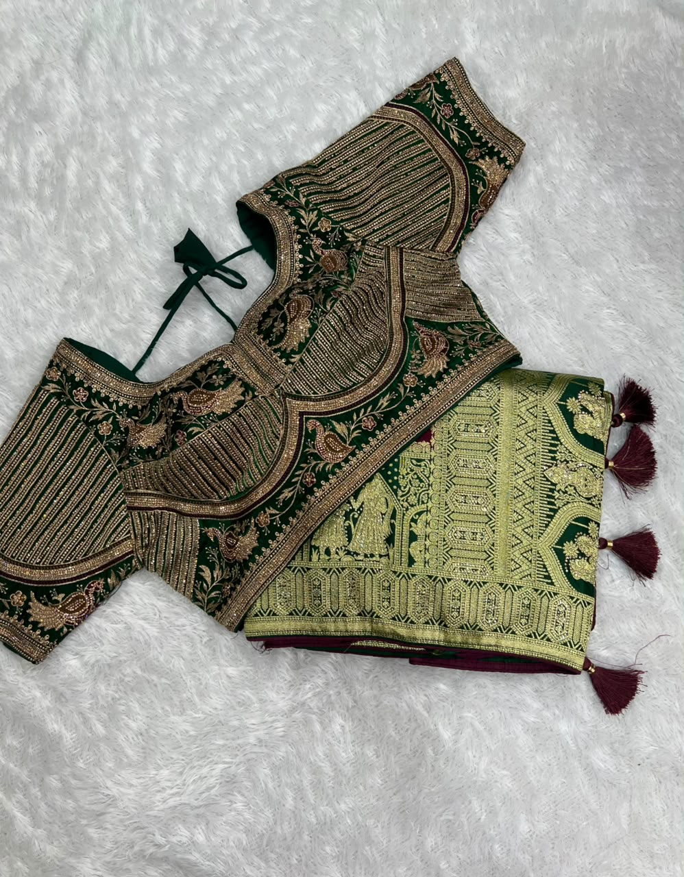 Anula Nexus Heritage Zarkhan Viscose Satin Saree With Heavy Embroidered Stitched Blouse & Unstitched Blouse Piece, Wine Purple & Emerald Green