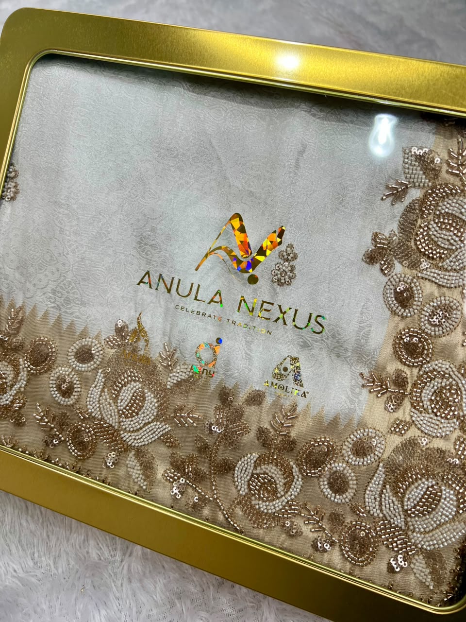 Anula Nexus Ivory White Pure Viscose Saree With Heavy Beads Work Border & Designer Stitched Blouse-4