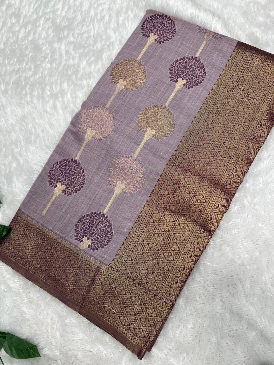 Anula Nexus Lavender Purple Cotton Saree With Tree Inspired Woven Design, Rich Gold Zari Border & Unstitched Blouse Piece-1
