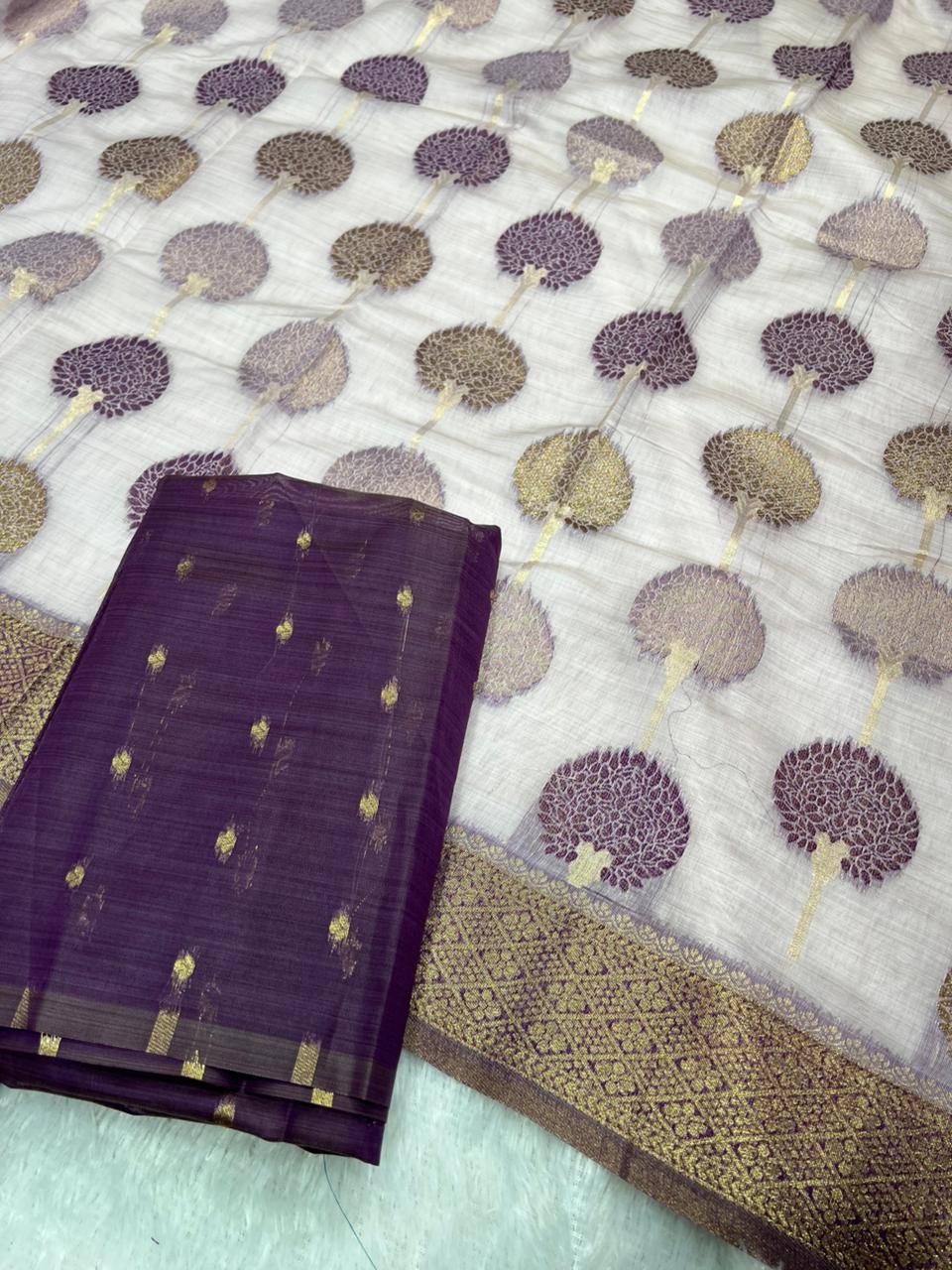 Anula Nexus Lavender Purple Cotton Saree With Tree Inspired Woven Design, Rich Gold Zari Border & Unstitched Blouse Piece-2
