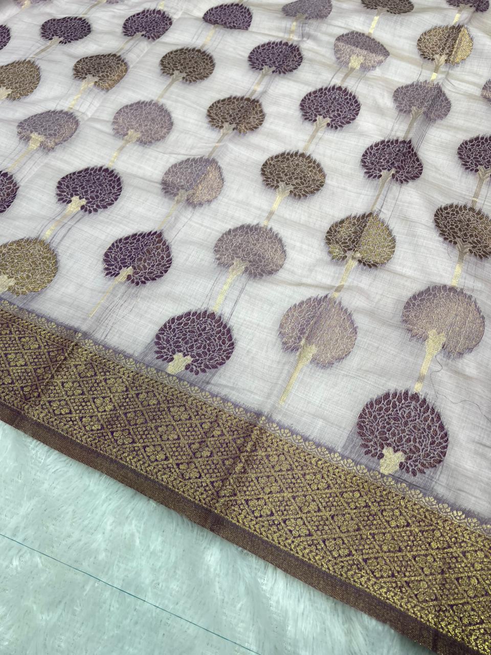 Anula Nexus Lavender Purple Cotton Saree With Tree Inspired Woven Design, Rich Gold Zari Border & Unstitched Blouse Piece-4