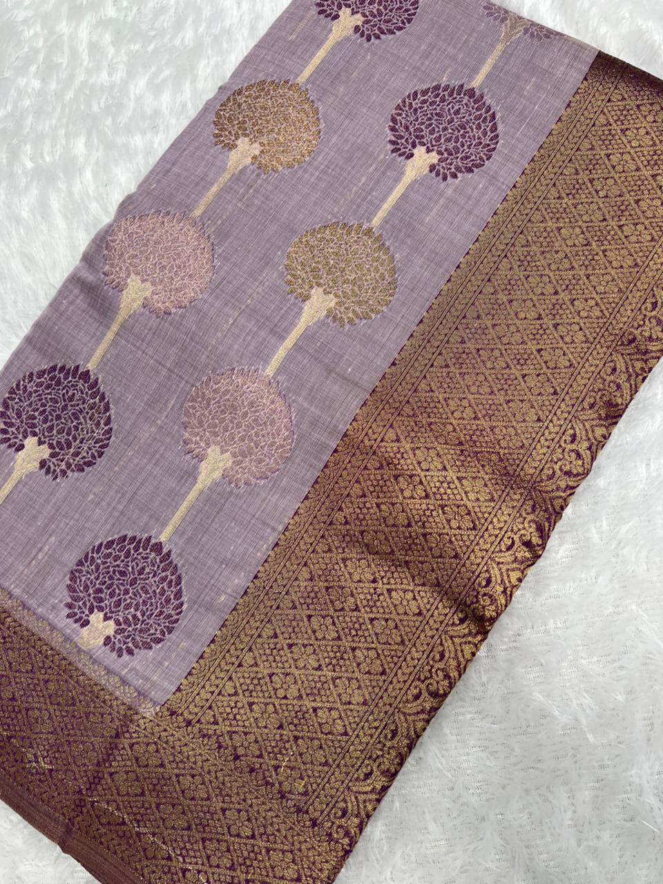 Anula Nexus Lavender Purple Cotton Saree With Tree Inspired Woven Design, Rich Gold Zari Border & Unstitched Blouse Piece-5